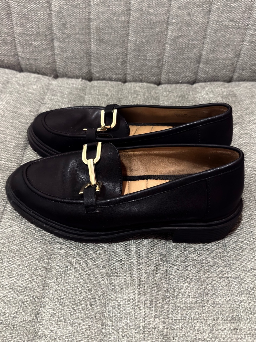 Rachel Zoe Classic Black Leather Loafers with Gold Bit Detail